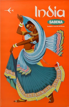 Original Vintage Asia Travel Poster India Sabena Belgian World Airlines