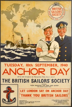 Original Vintage War Charity Poster Anchor Day Thank You British Sailors WWII