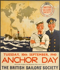 Original Vintage War Charity Poster Anchor Day Thank You British Sailors WWII