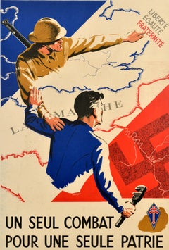 Original Vintage French War Poster Single Battle For A Single Country WWII
