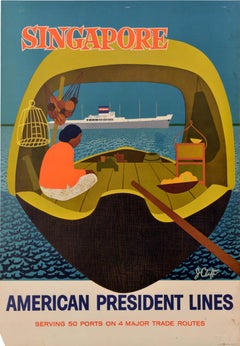 Original Vintage Asia Travel Poster Singapore American President Lines Cruise
