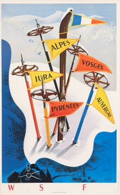 Original Vintage Ski Travel Poster Winter Sports in France Steam Train Vecoux