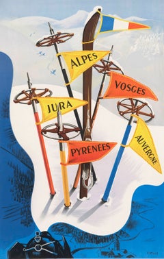 Original Vintage Ski Travel Poster Winter Sports in France Steam Train Vecoux