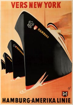 Original Vintage Cruise Travel Poster New York Hamburg Amerika Line HAPAG Fuss