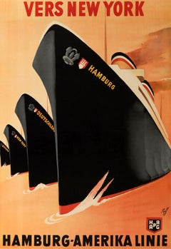 Original Vintage Cruise Travel Poster New York Hamburg Amerika Line HAPAG Fuss