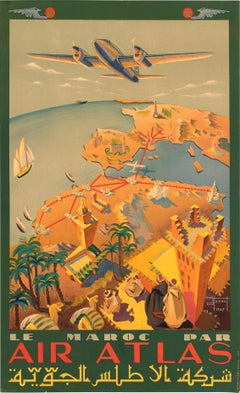 Original Vintage Africa Travel Advertising Poster Air Atlas Morocco Map Hainaut