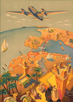 Original Vintage Africa Travel Advertising Poster Air Atlas Morocco Map Hainaut