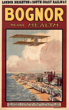 Original Antique Poster Bognor Means Health London Brighton South Coast Railway