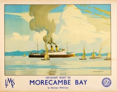 Poster originale d'epoca sui viaggi in treno: Heysham Boat, Baia di Morecambe, LMS