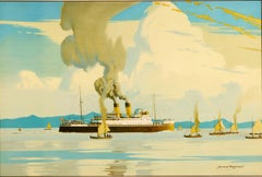 Poster originale d'epoca sui viaggi in treno: Heysham Boat, Baia di Morecambe, LMS