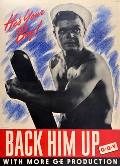 Original Vintage World War Two Home Front Poster He's Your Boy Back Him Up WWII