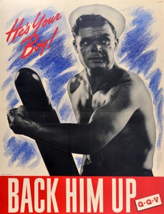 Original Vintage World War Two Home Front Poster He's Your Boy Back Him Up WWII