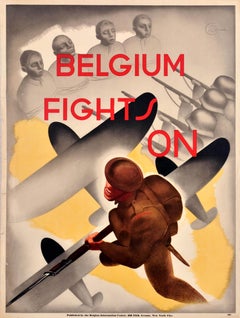 Original Vintage World War Two Propaganda Poster Belgium Fights On WWII
