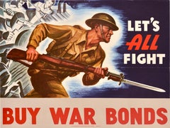 Original Vintage World War Two Poster Let's All Fight Buy War Bonds WWII Soldier