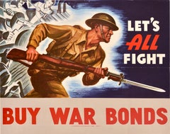 Original Vintage World War Two Poster Let's All Fight Buy War Bonds WWII Soldier
