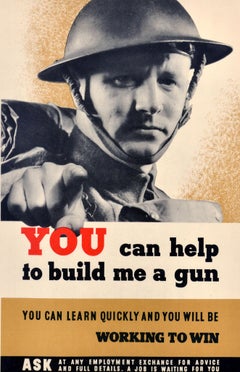 Original Vintage War Recruitment Poster You Can Help To Build Me A Gun WWII