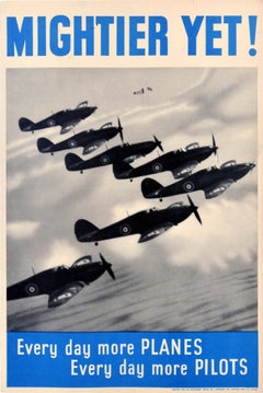 Cartel original de propaganda bélica de época: «Más aviones y pilotos, aún más poderosos» — Segunda Guerra Mundial