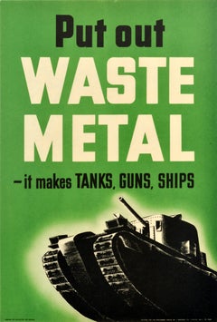 Original Vintage War Salvage Propaganda Poster Waste Metal Tanks Guns Ships WWII
