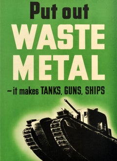 Original Vintage War Salvage Propaganda Poster Waste Metal Tanks Guns Ships WWII