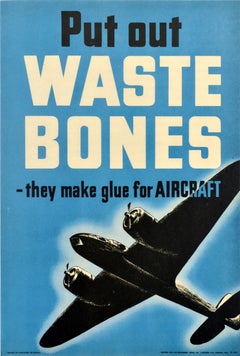 Original Vintage WWII Salvage Propaganda Poster Waste Bones Glue For Aircraft