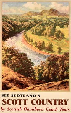 Manifesto di viaggio scozzese vintage originale: “Scopri la Scozia, la terra di Scott, le colline di Eildon”