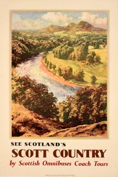 Manifesto di viaggio scozzese vintage originale: “Scopri la Scozia, la terra di Scott, le colline di Eildon”