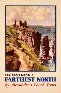Original Vintage Travel Poster Scotland Farthest North Castle Sinclair Girnigoe