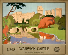 Manifesto originale d'epoca sui viaggi in treno: Castello di Warwick, Ferrovia LMS, Stokes, Art Déco