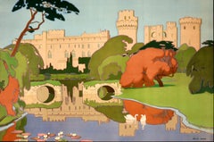Manifesto originale d'epoca sui viaggi in treno: Castello di Warwick, Ferrovia LMS, Stokes, Art Déco