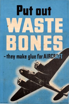 Manifesto originale d’epoca di propaganda del fronte interno: “Waste Bones Bomber”, aereo della Seconda Guerra Mondiale