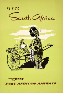Manifesto di viaggio vintage originale: Sudafrica, EAA (East African Airways), Zulu