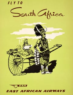 Manifesto di viaggio vintage originale: Sudafrica, EAA (East African Airways), Zulu