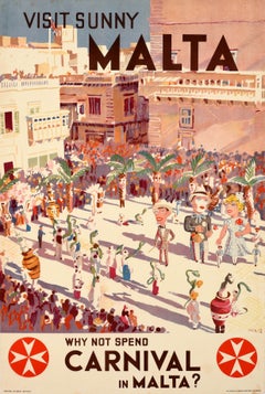 Original Vintage Maltese Travel Poster Visit Sunny Malta Carnival Midcentury