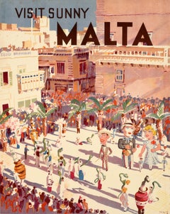 Original Vintage Maltese Travel Poster Visit Sunny Malta Carnival Midcentury