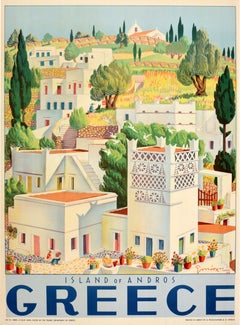 Original Vintage Travel Poster Greece Island Of Andros George Moschos Midcentury