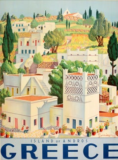 Original Vintage Travel Poster Greece Island Of Andros George Moschos Midcentury