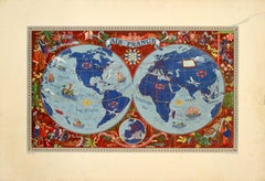 Original Vintage Travel Poster Air France Illustrated Map Boucher Planisphere