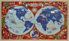 Original Vintage Travel Poster Air France Illustrated Map Boucher Planisphere