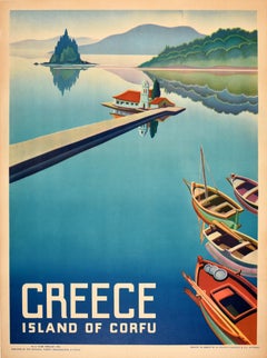 Original Vintage Travel Poster Greece Island Of Corfu Vlacherna Monastery