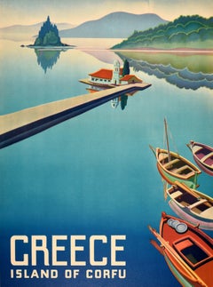 Original Vintage Travel Poster Greece Island Of Corfu Vlacherna Monastery