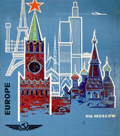 Original Vintage USSR Travel Poster Aeroflot Europe Via Moscow Soviet Airlines
