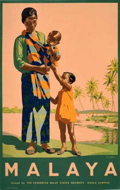 Cartel de viaje vintage original de Asia: Malaya, Ferrocarriles de los Estados Malayos Federados (FMS)