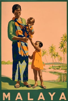Cartel de viaje vintage original de Asia: Malaya, Ferrocarriles de los Estados Malayos Federados (FMS)
