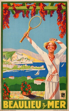 Original-Reiseplakat aus der Zeit der antiken Eisenbahn: Beaulieu-sur-Mer, Tennis, PLM, Côte d’Azur