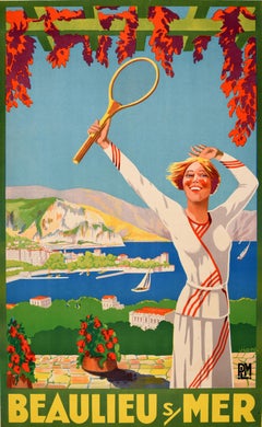 Original-Reiseplakat aus der Zeit der antiken Eisenbahn: Beaulieu-sur-Mer, Tennis, PLM, Côte d’Azur