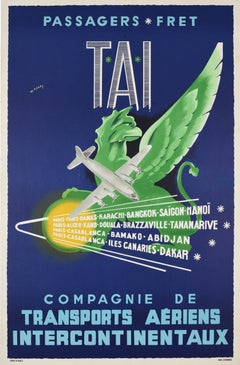 Original Vintage Air Travel Poster TAI Airline Douglas DC4 Far East Gryphon