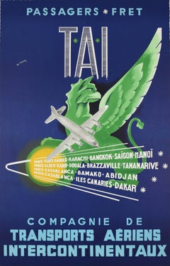 Original Vintage Air Travel Poster TAI Airline Douglas DC4 Far East Gryphon