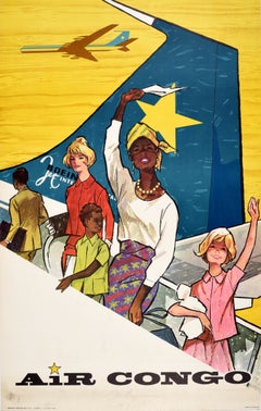 Original-Vintage-Reiseplakat „Air Congo Africa“ – Boeing-Jet – Interkontinental