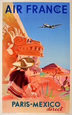 Original Vintage Advertising Poster Air France Paris Mexico Teotihuacan Aztec