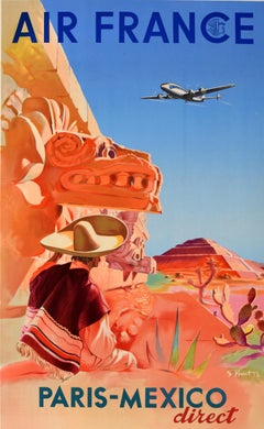 Original Vintage Advertising Poster Air France Paris Mexico Teotihuacan Aztec